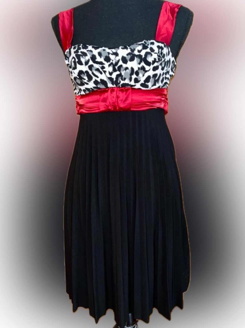VTG Taboo Y2K Leopard Print Dress Red Satin Sash Pleated Party Mini USA Made SM